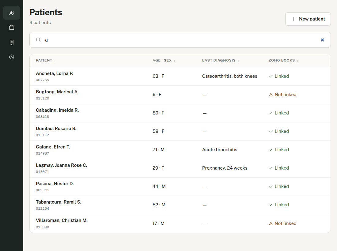 Patients list with a search box and results