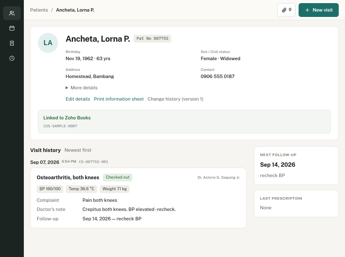 Patient page showing details, visit history and the New visit button