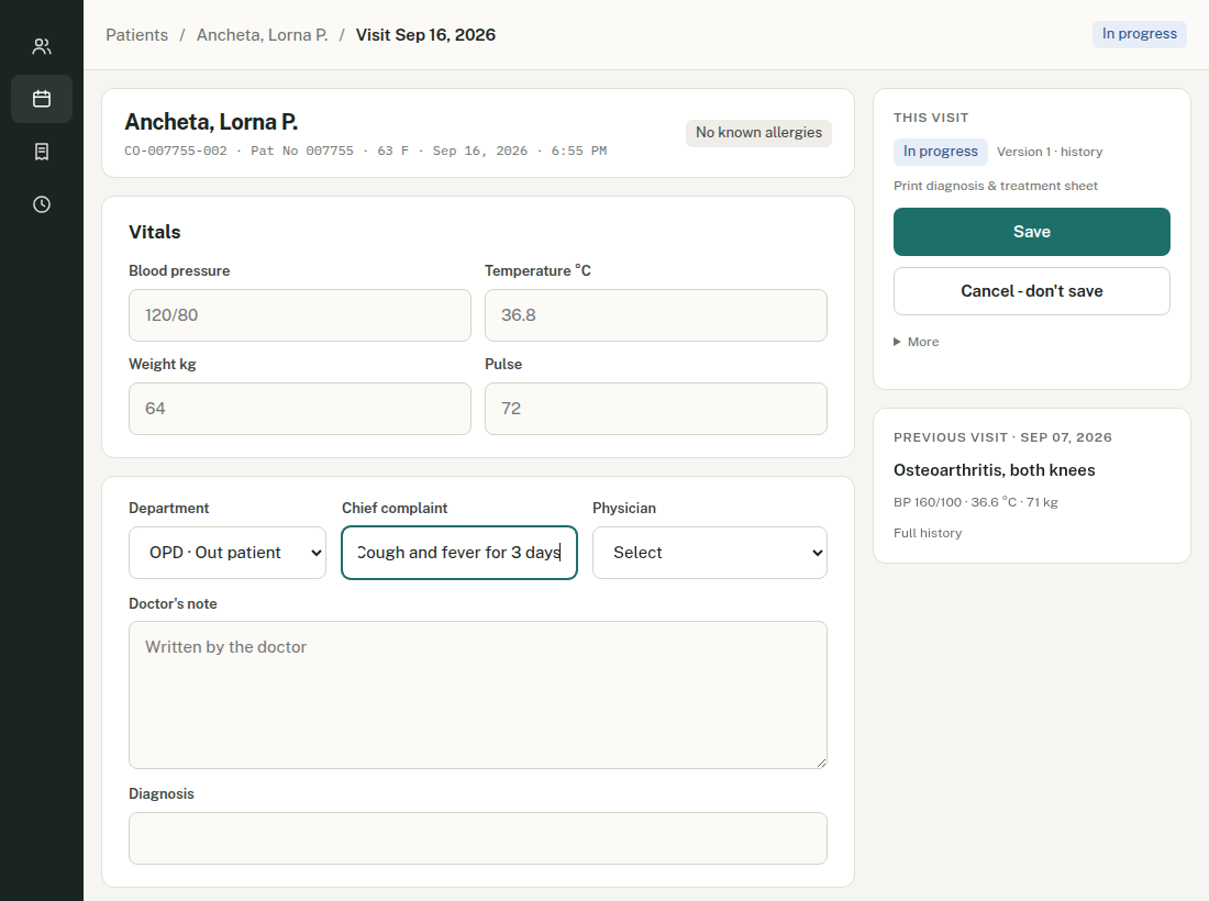 Visit page with the chief complaint typed in