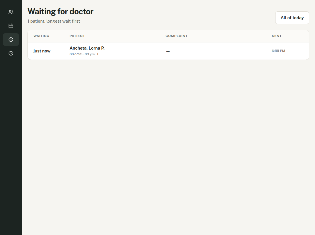 Waiting for doctor list showing how long each patient has waited