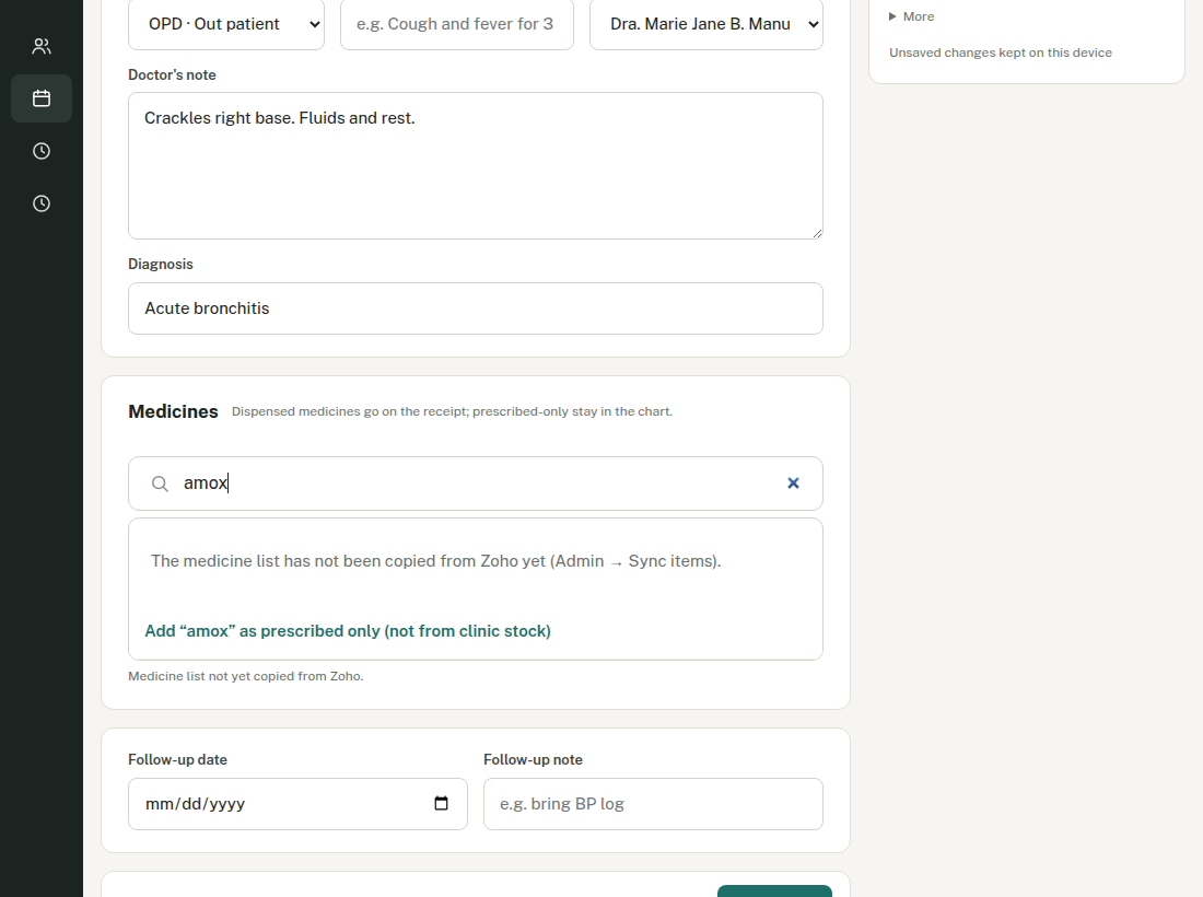 Medicine search showing matching items from the clinic stock list