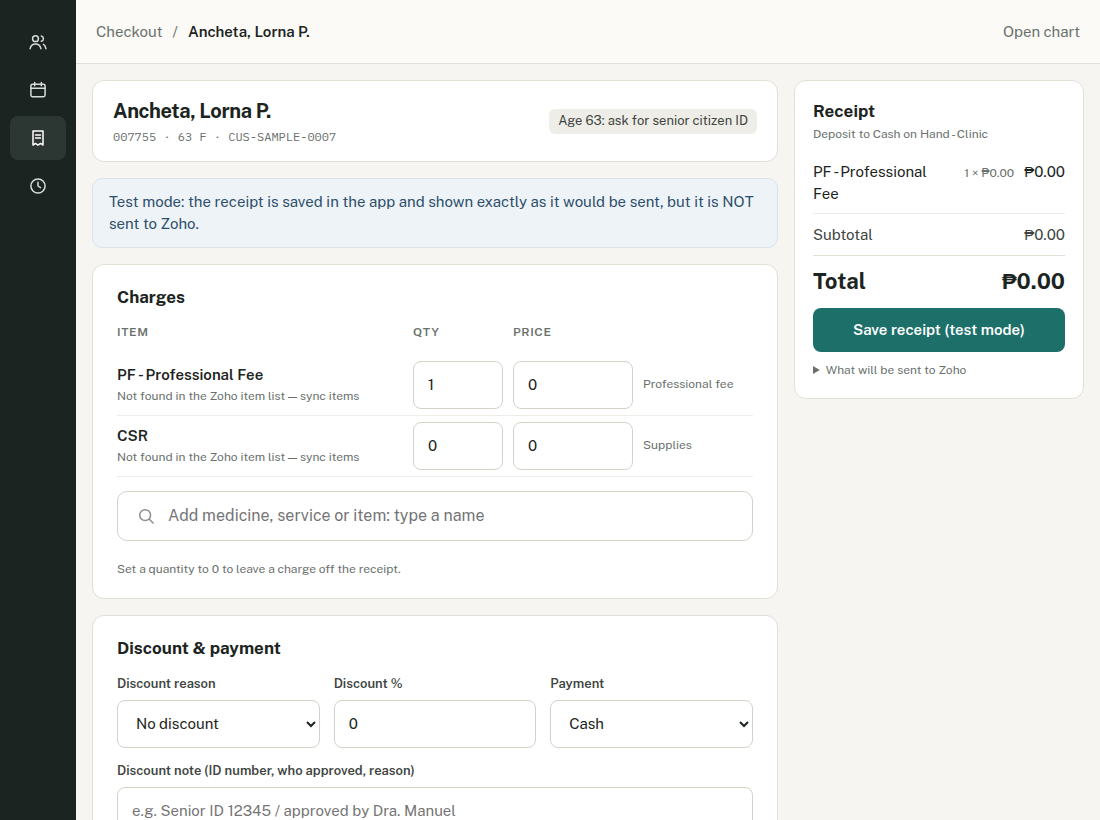 Checkout page showing charges, discount and the receipt total